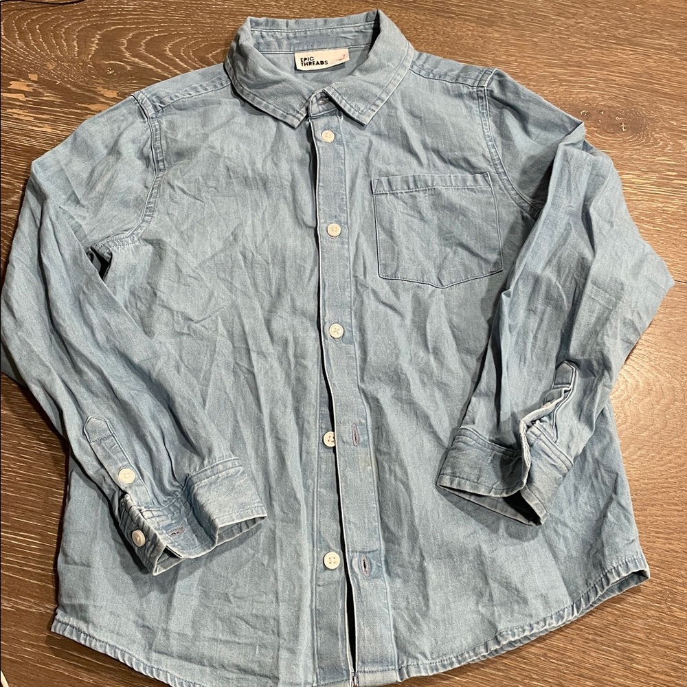 Button Down Shirt Epic Threads Long-Sleeve Cotton Blue Chambray Collar 7 Boys - Picture 1 of 5